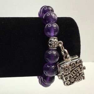 Amethyst Glass Beaded Charm Bracelet Faith Locket Rhinestone Accents Jewelry Sz6